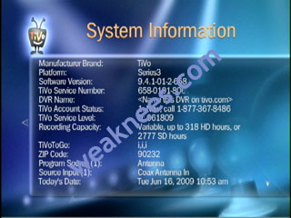 System Information Screen from a 2 TB TiVo HD XL